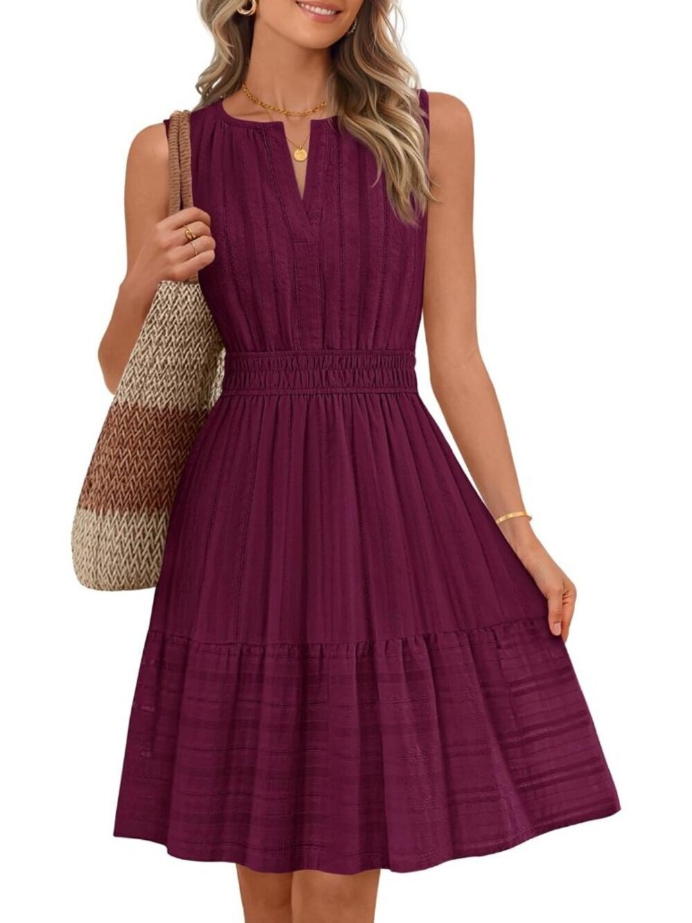 Women's Wine Stylish Summer Casual Sundress Beach Vacation Sleeveless Mini Dress